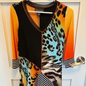 FRANK LYMAN long top/tunic sz US/CAN 4 multicolour animal print ruffled hem